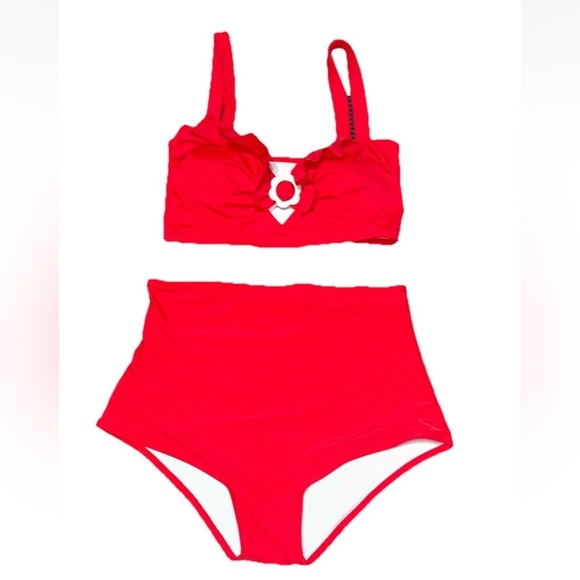 SOLDWomen’s S High Waisted Red Bikini Retro 1950s Classic Daisy RuffleBust Pinup - Picture 1 of 9